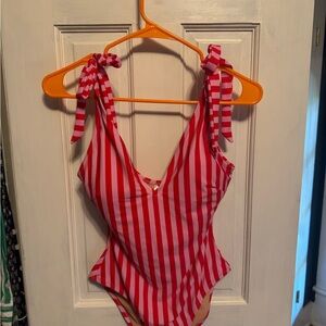 J. Crew Factory Red and Pink Striped One-Piece Swimsuit